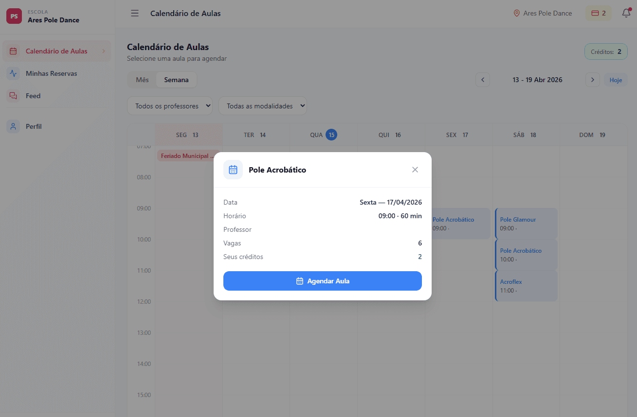 Área da aluna no app PoleSchool